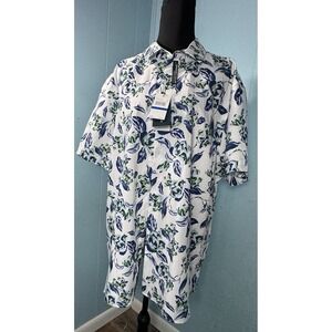 PERRY ELLIS White & Blue Floral Stretch Short Sleeve Button Shirt Men's Size XXL